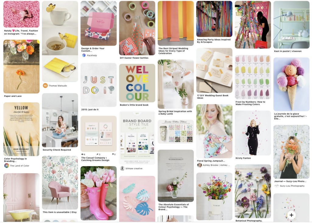 bacheca pinterest che mostra i colori della stagione primavera per un brand