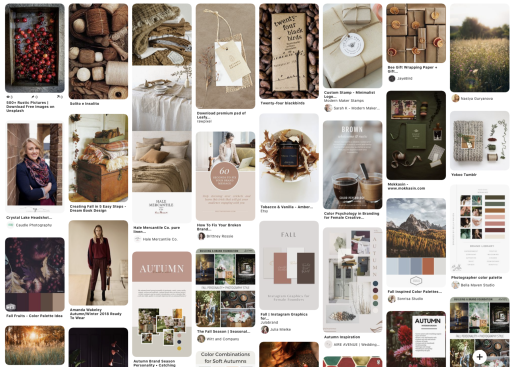 bacheca pinterest che mostra i colori della stagione autunno per un brand